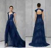2020 Navy Afton Jumpsuit med avtagbar kjol spets Sequined Beaded High Collar Prom Dress Tony Ward Formell Party Gowns Byxor kostym