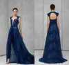 2020 Navy Evening Jumpsuit With Detachable Skirt Lace Sequined Beaded High Collar Prom Dress Tony Ward Formal Party Gowns Pants Suit