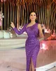 New surpreendente Dubai árabe roxo Bainha Prom vestido longo de um ombro Frente Dividir Vestido tornozelo comprimento Cocktail Party Gown