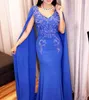 2020 Arabic Blue Evening Dresses With Cape Applique Beads bodice chiffon deep V Neck Mermaid Prom Dress Plus Size Formal Occasion Gowns