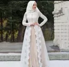 Middle East Muslim Wedding Dresses Full Sleeves High Neck Lace Long Sleeves Champagne Tulle Bridal Gowns vestidos de noiva Casamento