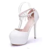 Kristal Kraliçe Kadın Beyaz Düğün Ayakkabı Yüksek Topuk Yuvarlak Ayak Platformu Ayak Bileği Pompaları Gelin Ayakkabıları Balo Elbise Ayakkabı İnciler rhinestone