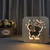 adorabili luci notturne in legno per gatti, lampada da tavolo creativa in legno scavato, lampada notturna USB per regalo di Natale per bambini