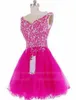 Belle Fuchsia V-cou Pas Cher Robes De Soirée Cristal Perlé Corset Dos Tuyauterie Tulle Robe De Bal Courte Graduation Pageant Soirée