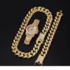 3pcs ensemble hommes hip hop glacé bling chaîne collier bracelets montre 20mm largeur chaînes cubaines colliers hiphop charme bijoux cadeaux1662053