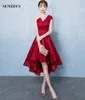 Vestidos de noche de encaje rojo vino 2019 Nuevos vestidos de fiesta altos y bajos Un hombro Borgoña Ropa formal para mujeres Túnica corta