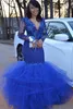 Royal Black Girls Blue 2019 Mermaid Prom Dresses V Neck Beads Lace Applique Formal Evening Party Gowns Vestidos De Fiesta Special Ocn estidos