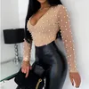 Fashion Sexy Beading Mesh See Through Low Cut Skinny Long Sleeve Women Blouse Sexy Tops and Shirt Long Sleeve Women Shirt