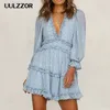 Uulzzor 2019 Frauen Kleider Herbst Sexy Tiefem V Langarm Print Kleider Bohemian Backless Elegantes Kleid Rüschen Weibliche Vestidos Y19073101