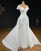 Classy Mermaid Beaded Lace Bröllopsklänningar med avtagbart tåg Sheer V Neck Kortärmad Brudklänningar Appliqued Trumpet Robe de Mariée