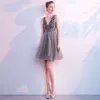 Deep V Neck Sparkle Grey Knee Length Graduation Dresses Short Party Hoco Dress