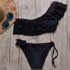 Jedno ramię bikini 2019 Wzburzyć Stroje kąpielowe Kobiety Swimsuit Solidny Kostium Kwiaty dla Kobiet Sexy Biquini Beachwear Flounki Kostium wanny
