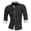 New Business Men Color Block Buttons Col rabattu Chemise à manches longues Slim Fit Top