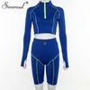 Sporty Casual Correspondência Conjuntos Mulheres Manga Longa Crop Top e Biker Shorts Set Neon Striped Zipper 2 Piece Tracksuits Blue