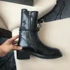 Vente chaude- peau de vache Martin avant sangle arrière Chunky talon bas femmes bottes mi-mollet dames Ann 19ss bout rond bottes à glissière chaussures taille 35-40