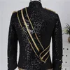 England Style Court Blazer Jacket Vintage Black White Sequins Stand Collar Jacket Slim Coat Nightclub Bar Men's Band Rock Singer Costume Wholesale