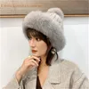 Femmes Fashional élégant véritable véritable chapeau de fourrure de vison tricoté bonnet cache-oreilles W véritable fourrure de renard bord cap