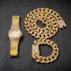 Hip Hop-Goldfarben-Cuban Kette Gold-Silber-Halskette und Armband Set Free Luxus Kombination von Uhren und Halsketten-Satz T200113