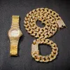 Hip Hop Gold Color Cuban Chain Gold Silver Necklace and Bracelet Set Free Luxury Combination of Watch and Necklace Set T200113