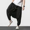 Chinese Style Cotton Linen Men's Cross-Pants Hip Hop Elastic Waist Loose Baggy Hakama Harmen Pants Harajuku Wide Leg Trousers