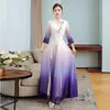 Aodai Floral Print Wedding Party Dress Women Chinese Style Cheongsam 3/4 Sleeve purple elegant Robe Qipao Chiffon Korean gown