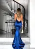 2019 Hot Sale Royal Blue Satin Mermaid Prom Dress baratos Backless Holidays Formal Wear Partido Evening Traje Académico Custom Made Plus Size