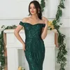 2020 Deep Green Mermaid Prom Dresses Sparkle Off Shoulder African Formal aftonklänning Sexig festklänning med Overskirt1795812