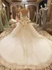 Long Sleeve Lace Ball Gowns Wedding Dress Illusion Neck Beaded Crystal Satin Backless Lace-up Ruffled Vintage Bridal Weeding Gowns