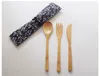 3pcs / set Trä servis uppsättning bambu gaffelknivsoppa tesked catering bestick set med tygväska bärbar porslin set