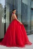 Halter Sexy Red A-Line Prom Dresses Long Key Hole Bust Formal Evening Gowns Open Back Tail Party Dress Organza Celebrity Gown