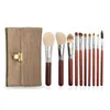 10 stks Wol Make-up Borstels Set Geit Haar Borstel Hout Cosmetische Schoonheid Tool Kit Oogschaduw Foundation Professionele borstels met tas Hot T0601