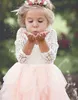 Härlig FlowerGril Dresses Puffy Flower Girl Dresses For Weddings V Neck Lace Top Open Back Elfenben och Blush Pink Tulle Communion Dress