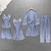 Höst Satin Pyjamas Set för kvinnor Elegant 5PCs Sleepwear Kvinna Sexiga Underkläder Lace Top Silk Passit