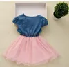 Partihandel - sommar koreanska tjejer denim gasbind tutu klänning flicka söt ruffle klänning med bälte kortärmad baby barn prinsessa klänning