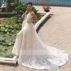 Lace Mermaid Wedding Dresses With Detachable Skirt Sheer Neck Cap Sleeve Bridal Gowns Appliqued Country Boho Wedding Dress