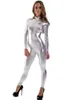 Front Zipper Silver Catsuits Womens manica lunga Nero Catsuit Spandex Lycra Body Shiny Metallico Unitard Dancewear Zentai Suit
