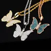 New 18K Rose Gold Plated Bling Blue Cubic Zirconia Butterfly Pendant Necklace Masculina Bijoux Hip Hop Rapper Jewelry Gifts for Men Women