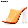 Aneikeh Yeni Kadın Sandalet PVC Jelly Kristal Topuk Şeffaf Kadınlar Seksi Temizle Yüksek Topuklar Yaz Sandalet Ayakkabı Büyüklüğü 41 42 CJ191128 pompaları