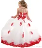 Principessa Flower Girl Dresses Pizzo Applique Perline Paillettes Cap Maniche Rosa Fiocco Sash Long Bambino Pageant Abiti Flower Girl Abiti da sposa