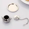 200pcs 304 Stainless Steel 3.8cm Round Teapot Shape Loose Leaf Herb Tea Pot Infuser Strainer Filter with a tray