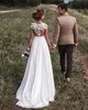 New Cheap Bohemian Beach A Line Wedding Dresses Summer Jewel Neck Illusion Lace Appliques Cap Sleeve Chiffon Sweep Train Formal Bridal Gowns