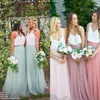 2020 Nowy Boho Długie Soft Tulle Spódnice Koronki Top Druhna Dresses V Neck A Line Country Tani Maid of Honor Mint Party Prom Suknie 4619