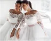 Elegant Off Shoulder Dresses Long Lace Sleeves Dusty Pink Ribbon Sweep Train Tulle Plus Size Wedding Bridal Gown Custom Made