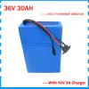 1500W 36V 30AH Ebike Batterie 36 V Lithium ion Batterie pour Kit de Conversion de vélo électrique Avec 50A BMS 42V 3A Chargeur 26650 Cell