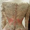 Long Modest Blush Pink Illusion Sleeves Prom Dresses Gold Lace Applique Beaded Scoop Neck Custom Made Party Gowns Evening Formal Wear