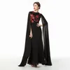 Black árabe tampado Chiffon Longo Vestidos Dubai mangas compridas Bordado Applique formal Vestidos ocasião partido Prom especiais