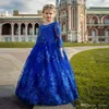 Flower Girls Dresses with 3/4 Sleeve Lace Appliques O Neck Floor Length Girls Prom Gowns For Wedding Party