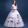 Primavera 2020 bonito roxo e branco do casamento vestidos de decote sem alças frisada Lace-up Voltar borboleta Forma Appliqued vestidos de noiva Últimas