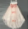 Menina de flor patchwork Vestidos Big Bow Voltar Lace malha da cauda Hem Vestidos de Festa de Casamento idade de 3 a 14 anos