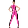 11 Colors Novelty Zipper To Crotch Sexy Jumpsuit Women Patchwork Color Skinny Bodysuit Wet Look Sleeveless Turtleneck Catsuit